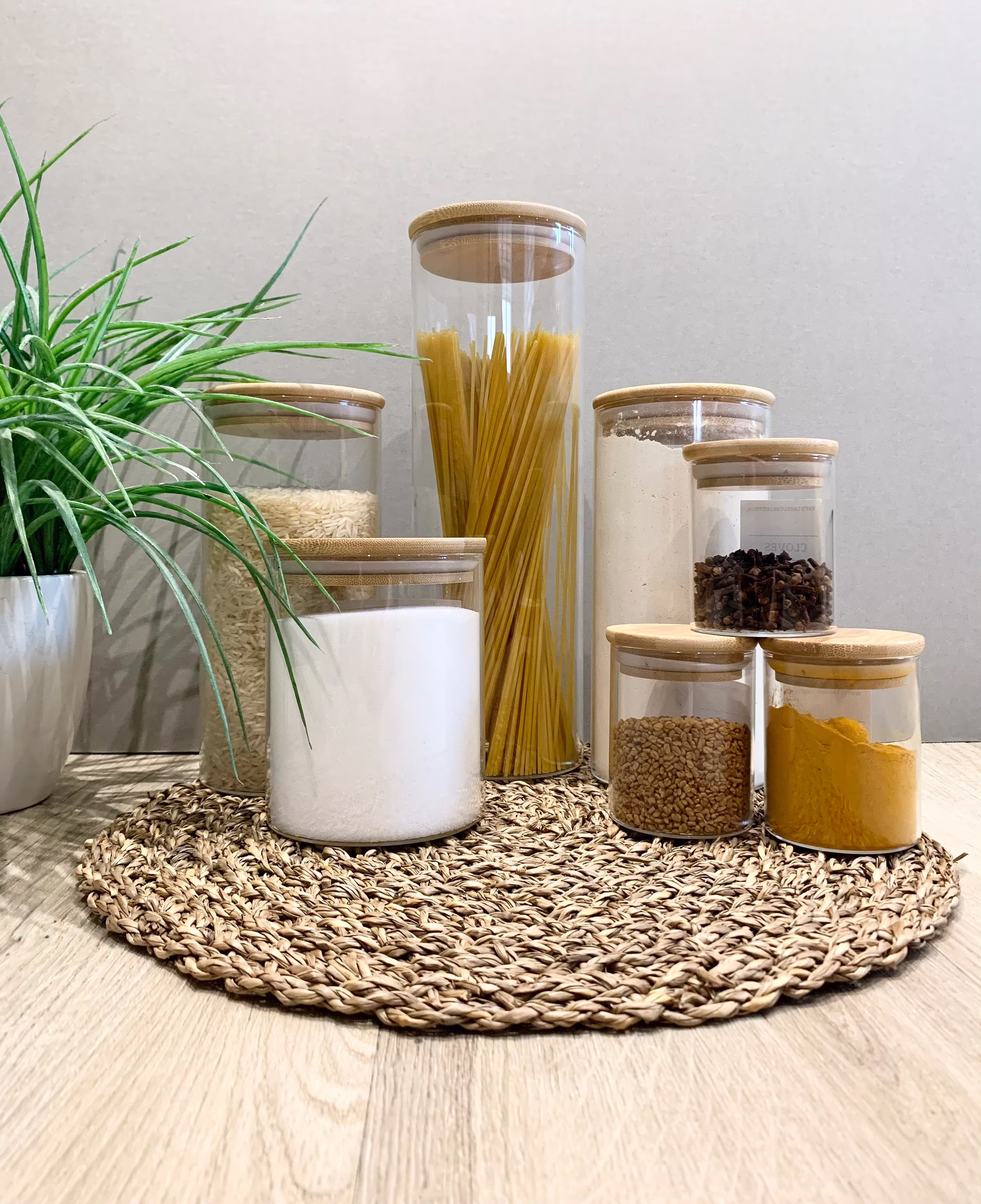 Bamboo Lid Glass Storage Jars Personalised Kitchen Pantry Containers Herbs Spices Dried Food Labelled Airtight Tubs Flour Rice