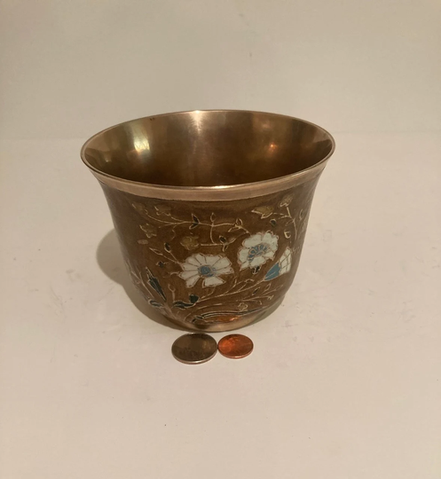 Vintage Metal Brass & Enamel Flower Design Pot, Container, Planter, Vase, Quality, Heavy Duty, 5" X 4