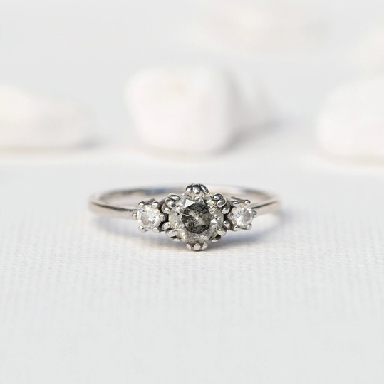 Salt & Pepper Diamond Engagement Ring 3-stone Setting