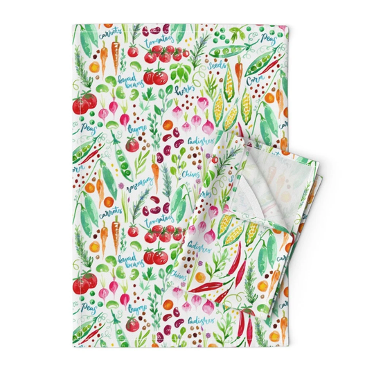 Watercolor Botanical Tea Towels | Set Of 2 - Kitchen Garden By Rebeccaflaherty Vegetables Linen Cotton Spoonflower