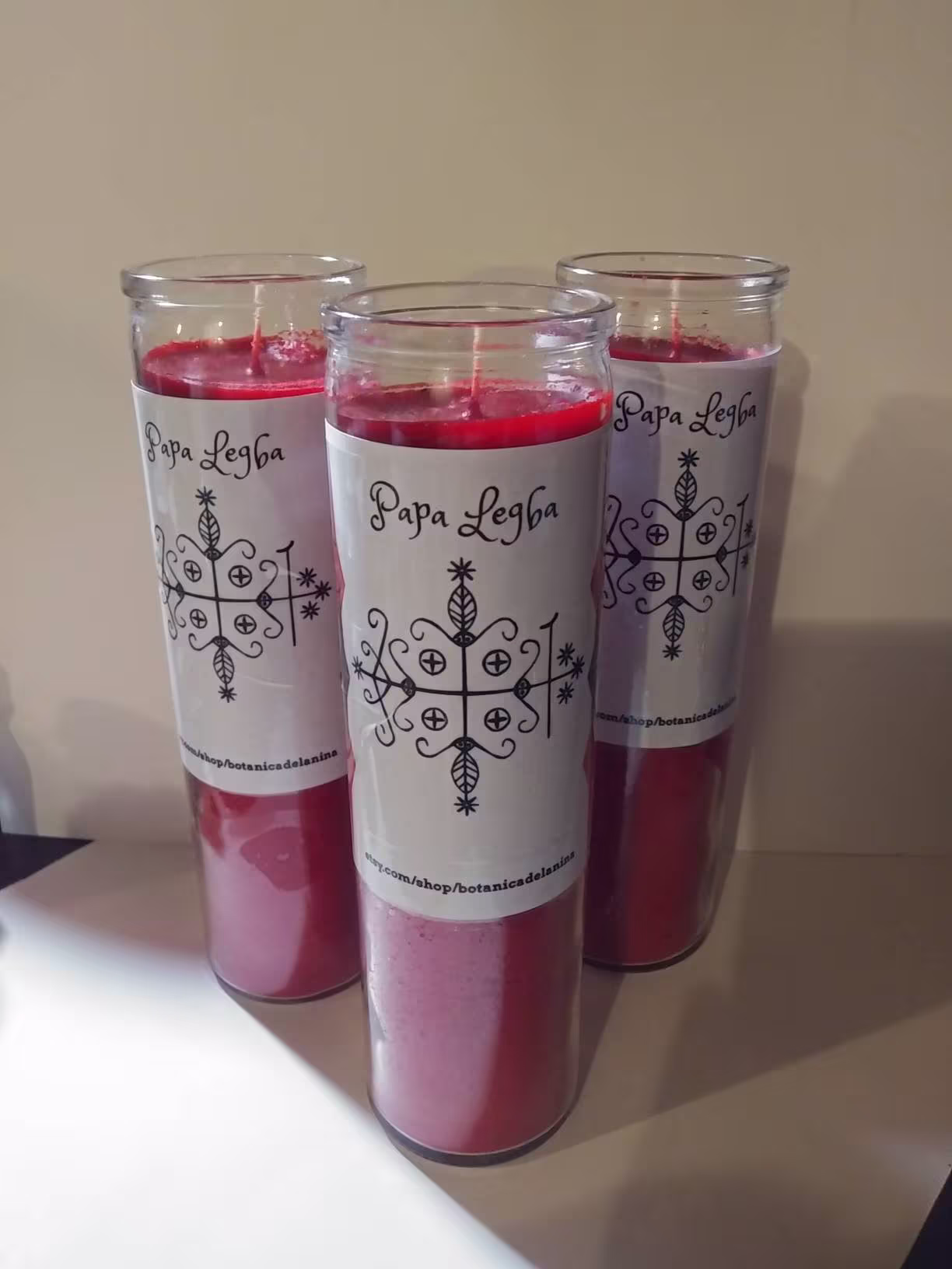 Papa Legba Ritual Candle Tall Glass 8'' Red Wax With Oils & Herbs Fixed