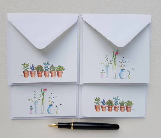 Pretty Plant Notelets, Pot Design Sets Of Mini Cards With Envelopes