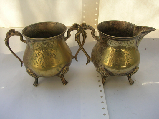 Vintage Brass Jug & Sugar Bowl With Floral Etchings & Ornate Legs Handles, Indoor Planters | Both 11 cm Tall