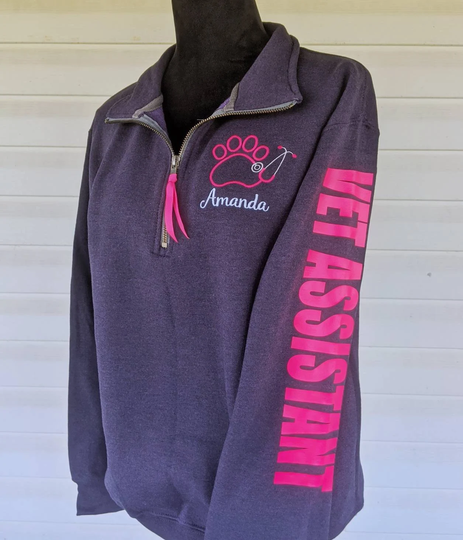 Vet Tech Pullover Sleeve Writing, Quarter Zip, Assistant Sweatshirt, Paw Stethoscope Shirt, Dog Pullover, Veterinarian Medicine