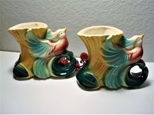 Vintage Colorful Bird Vases | 2 - Pair Of Multi-Color Ceramic Bird Vases Or Planters