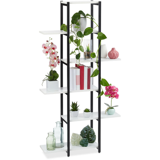 Relaxdays Large Plant Stand, Modern Pot Holder with 6 Tiers, 150 x 78 x 24 cm, Black Metal Frame, MDF Shelving; White