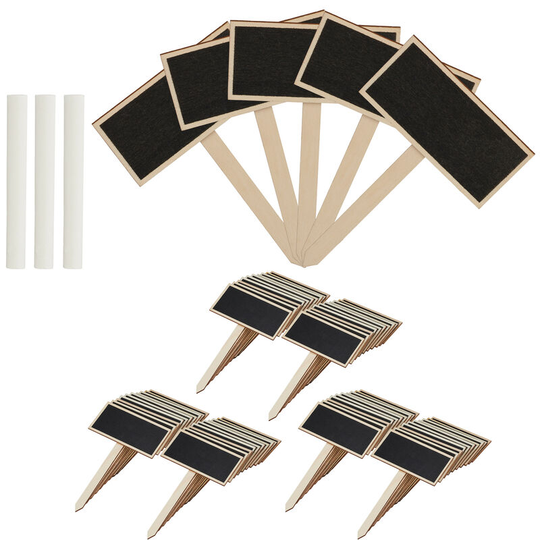 Plant Labels With Blackboard & Stick, Pack of 72, Flower & Herb Pots Labelling Tags, HxW 14x9cm, Wood, Natural - Relaxdays