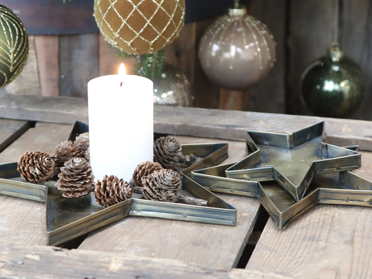 Set Of 3 Gold Star Trays - Antique Brass Metal Iron Trinket Tray Festive Dining Candle Display Dish Christmas Holder Stars
