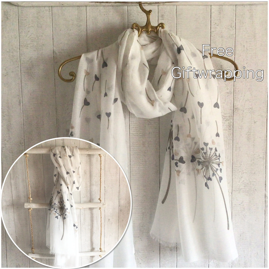 White Hearts Dandelions Scarf/White Dandelion Scarf /Dandelions Gift New Season Festival Boho