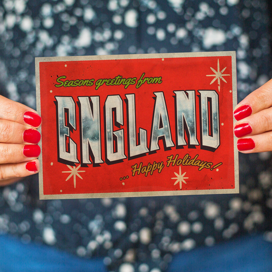 Seasons Greetings From England Christmas Card, Retro Holiday Card Pack, Vintage Xmas Set