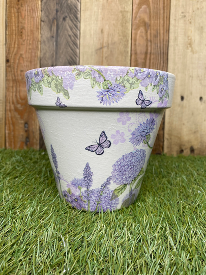 Purple Flower & Butterfly Plant Pot, Purple Pretty Planter, Lavender Gift, Decoupaged Pot | 16