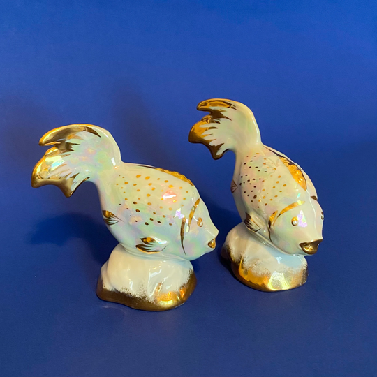 Limoge France Porcelain White Iridescent Fish With Gold Leaf Salt & Pepper Shakers - Vintage
