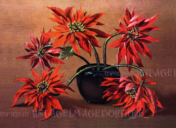Mid Century 1950's Painting Still Life Of Poinsettia Plants Arranged in A Bowl Winter Christmas Season Solstice Holiday 5x7 Greeting Card