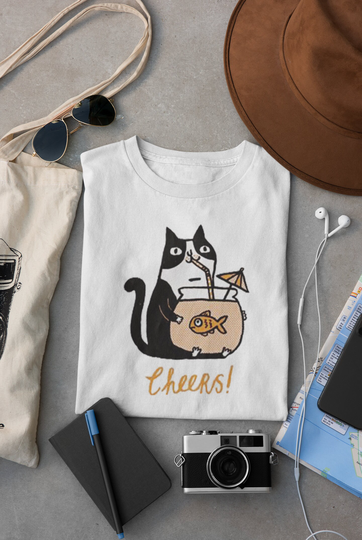 Cheers Cat, Funny Drinking Cat From Fish Bowl, Cute Shirt, New Year Eve Holiday Season Tee, Unisex, Men, Women