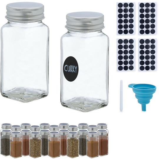 Spice Jars, Set of 24, Sprinkling Insert, Glass Herb Containers, 120 ml, Labels, Pen & Funnel, Transparent - Relaxdays