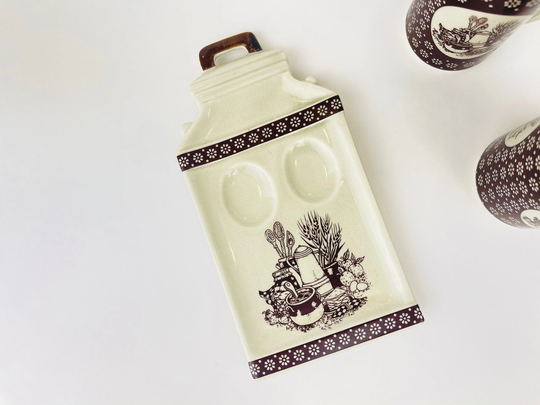 Vintage Ceramic Country Kitchen Tableware - Salt + Pepper Shakers Spoon Rest Made in Japan
