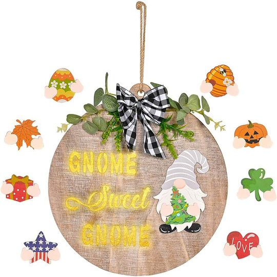 Gnome Welcome Sign with led Lights, 12' Seasonal Front Door Wooden Wreath with 9pcs Interchangeable Ornaments