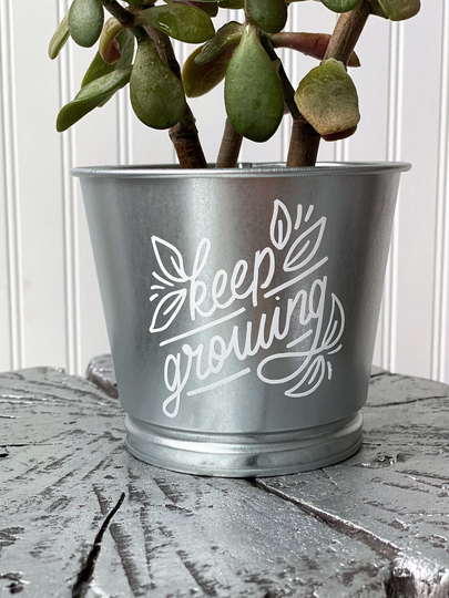 Keep Growing Planter/Silver Galvanized Metal Indoor Rustic Farmhouse Décor Inspirational Achievement Gift