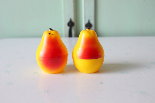 Vintage Pear Salt & Pepper Shakers....red. Yellow. 1980S. Retro. Vintage. Home Decor. Kitsch. Cooking. Fruit. Pantry. Collectibles