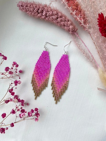 Pink Gold Beaded Earrings Ombre Seed Bead Candy Fringe Dangle Crimson Bohemian Chic Gift