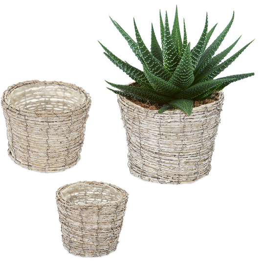 Relaxdays - Set of 3 Indoors Plant Pots in Various Sizes, made of Rattan, Lined with Foil, Round Planters, White/Natural