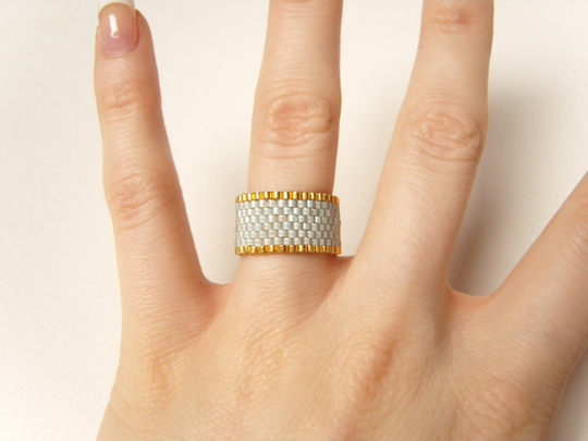 Pale Mint Ring, Seed Bead & Gold, Beaded Ring UK