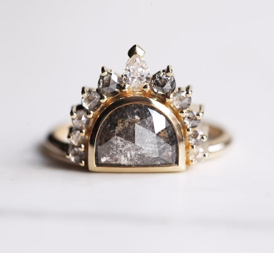 Salt Pepper Diamond Ring, Unique Engagement Half Moon Ombre Sunrise Ring