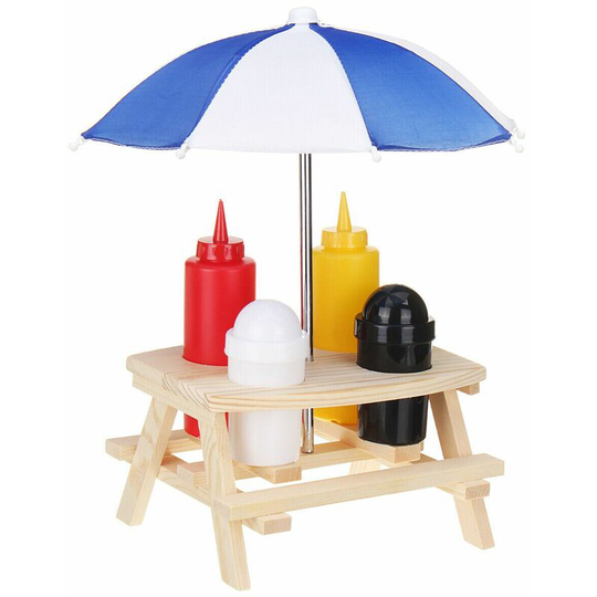 Wooden Ketchup Holder Cruet Salt Pepper Set With Parasol BBQ Sauce Bottle Holder