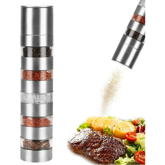 Pepper Grinder, Salt and Pepper Grinder, Five in One Brushed Stainless Steel and Glass Grinders, Adjustable Ceramic Grinder