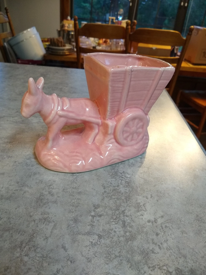 Vintage 1950S Glazed Pottery Pink Donkey Pulling Flower Cart Planter