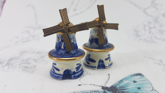 Vintage Delft Salt & Pepper Shakers, Vintage Porcelain Miniature Windmills Cruet Set