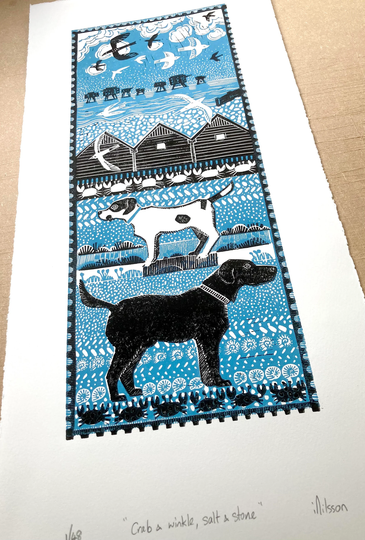 Crab & Winkle, Salt & Stone - Hand Made Lino Cut Print By Ingrid Nilsson, Gift For Dog Lovers, Swimmers, Seaside, Linoleum