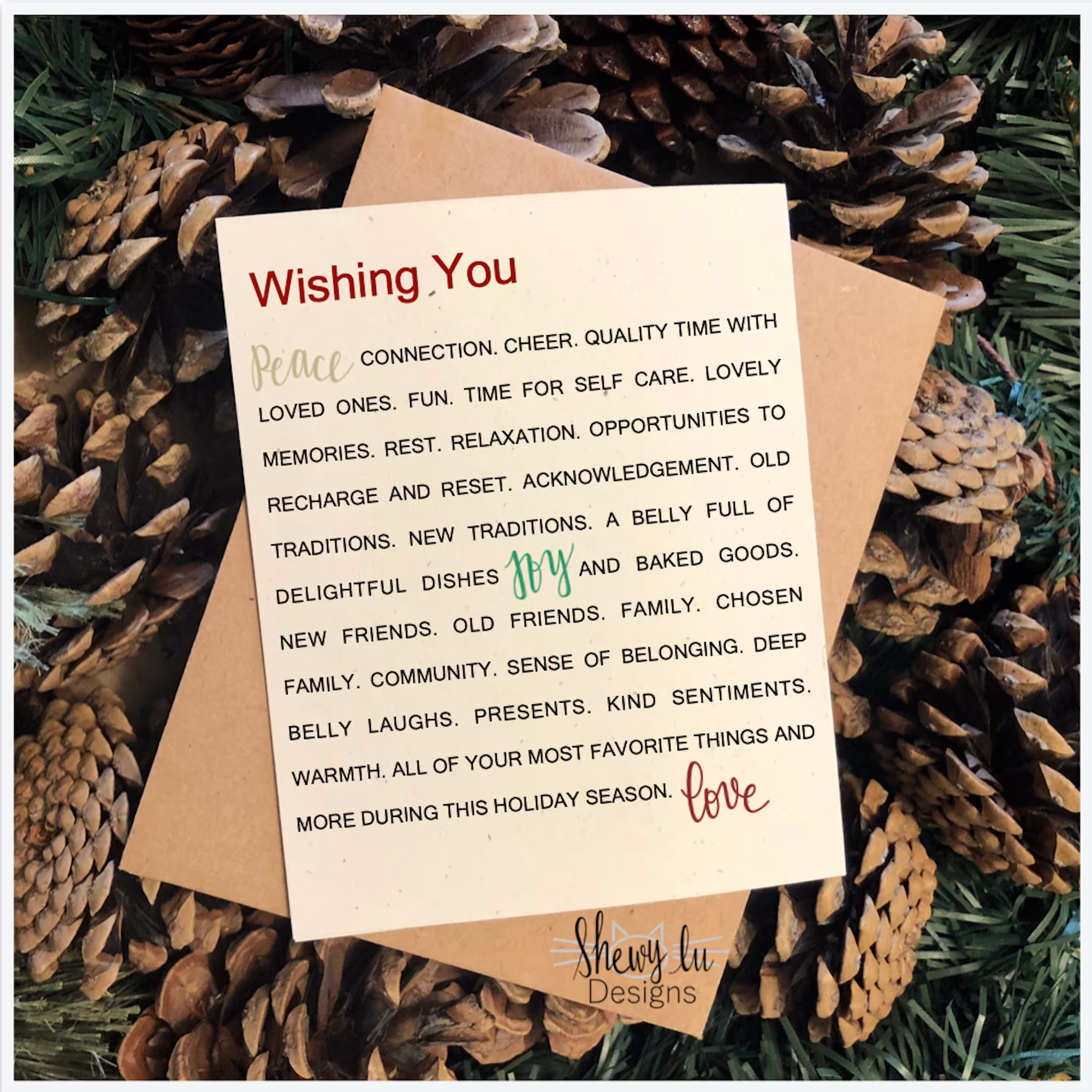 Holiday Card Wishing You Peace, Joy, Love - Blank Interior