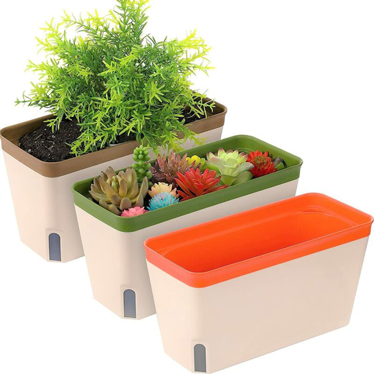 3 Pieces Self Watering Plant Pots, 27cm Plastic Rectangular Planters Garden Flower Bonsai Pots - with Water Level Window and Hidden Drain Hole Tray