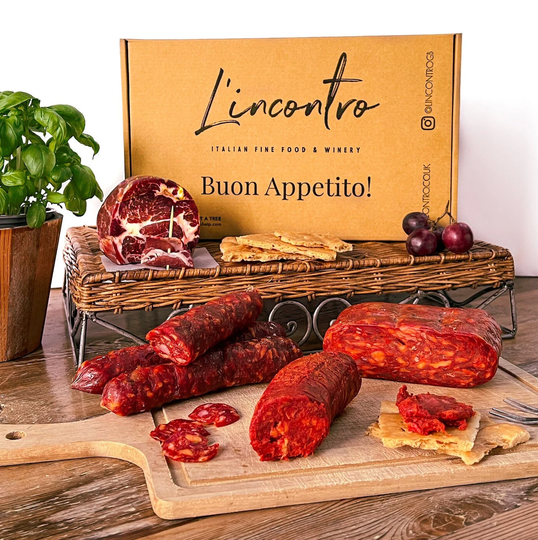 Italian Charcuterie Hamper With Award-Winning Selection - Spicy Nduja, Calabrian Salami, Traditional Sausage & Capocollo