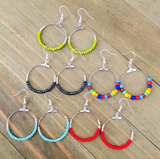 Silver Hoop Earrings, Seed Bead Turquoise Dangling Earrings