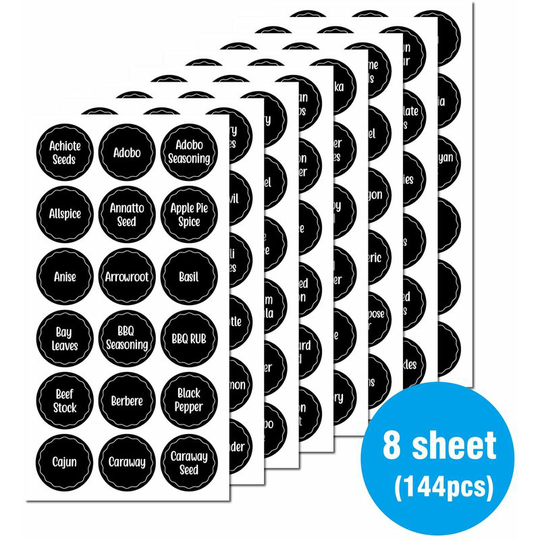 Lifcausal - 144 Chalkboard Kitchen Spice Jar Labels, Round Preprinted Seasoning Label Stickers + Numbers for Kitchen Organization and Storage (Water