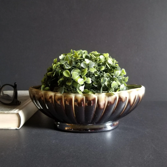 Oval Ceramic Planter W Grey Brown Drip Glaze - 4x8