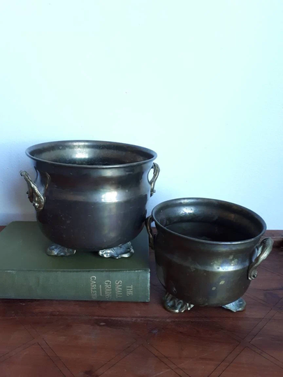 Vintage Set Of Small Brass Handled Planters | 2