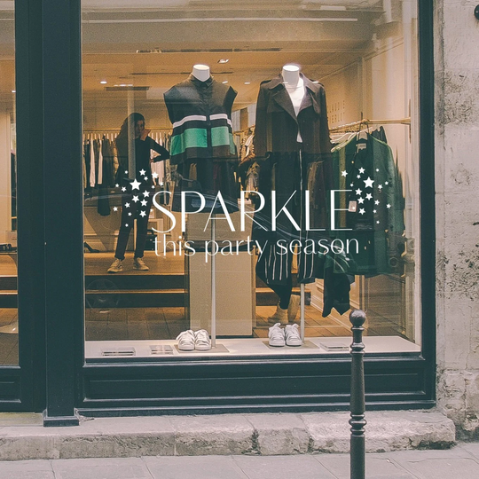 Sparkle This Party Season Retail Window Vinyl. Festive Shop Graphics. Christmas Visual Merchandising Wall Sticker