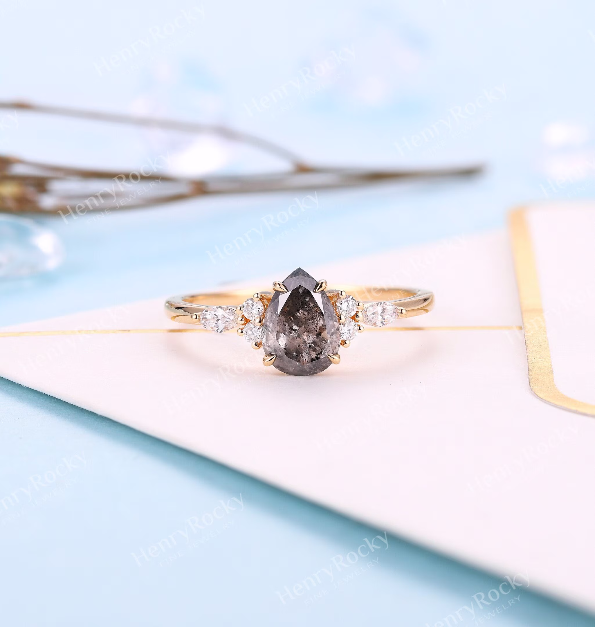Salt & Pepper Diamond Engagement Ring Pear Cut Wedding Yellow Gold Art Deco Moissanite Bridal Anniversary Promise