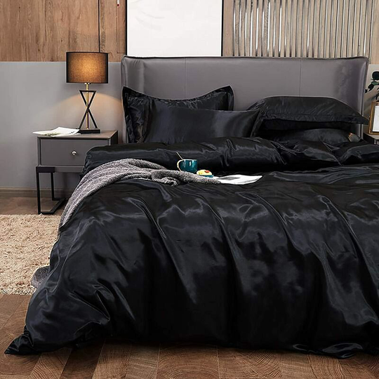 Luxury Solid Color Duvet Cover Set, Super Soft Satin Reversible Duvet Cover with Wrinkle Free All Season Washed Zipper Closure, Silk Duvet CoverBlack