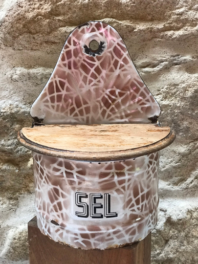 Enamel Salt Pot Sel Cellar French Country Farmhouse, Circa 1950's