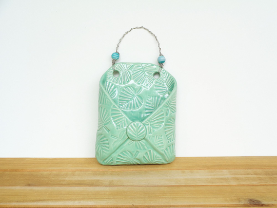 Ceramic Wall Pocket, Handmade Pottery, Stamped Vase, Envelope Shaped Planter, Mint Green Glaze