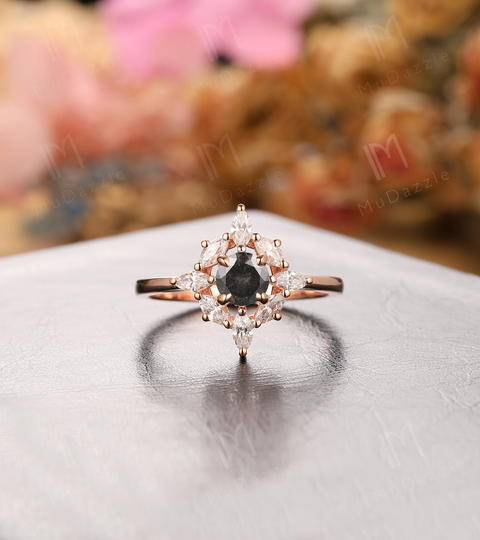 Gray Moissanite Promise Ring// Valentine's Gift// Antique 5mm Salt & Pepper Wedding Art Deco Engagement Ring 18K Rose Gold