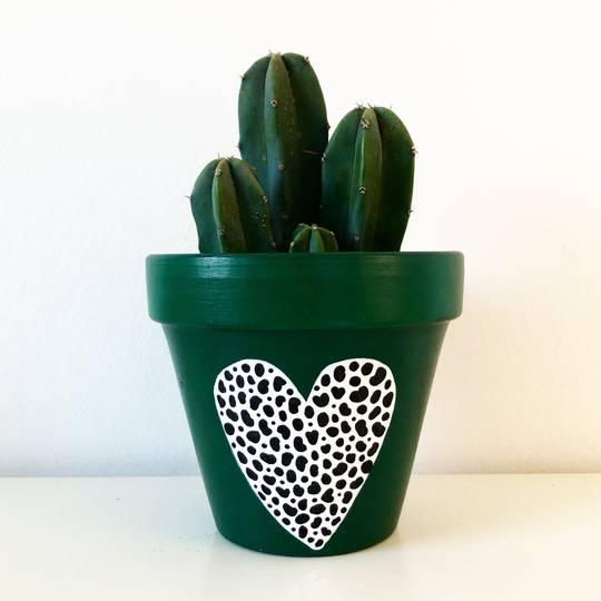 Hand Painted Dark Green Heart Dalmatian Print Terracotta Plant Pot, 11cm Succulent Decor, Garden Gift