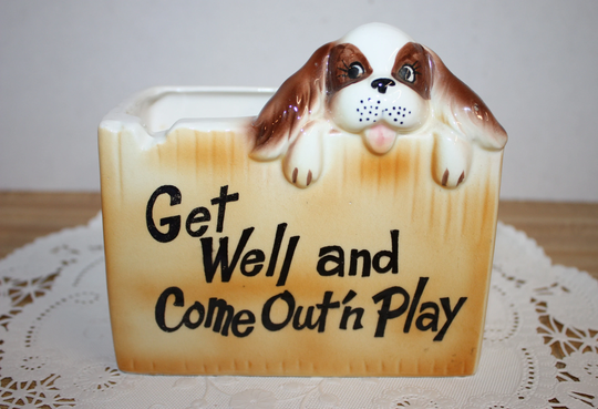Inarco Get Well Planter With Happy Dog Looking Over The Fence, 5.25" Wide & 5