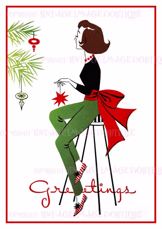 Fabulous 1950's Kitschy Illustration Of A Woman Decorating Her Christmas Tree Seasonal Winter Solstice Holiday 5x7 Greeting Card