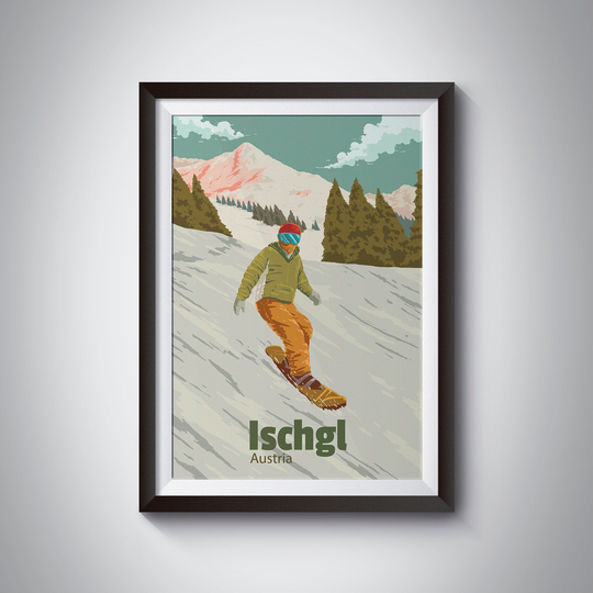 Ischgl Snowboarding Poster, Austria Travel Print, Paznaun Valley, Ski Resort, St Anton, Season, Tyrol, Vintage Art, Skiing Gift