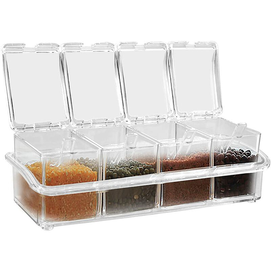 Spice box, 4-in-1 spice jars, spice container with lid and 4 spoons for storing salted sugar